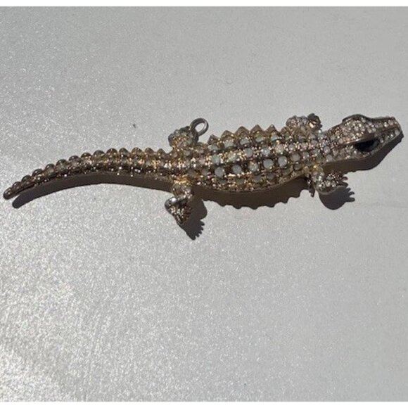 Estate Jewelry - Vintage Alligator Stone Brooch Pendant Gold Tone Pin Women’s Sz 5” RARE